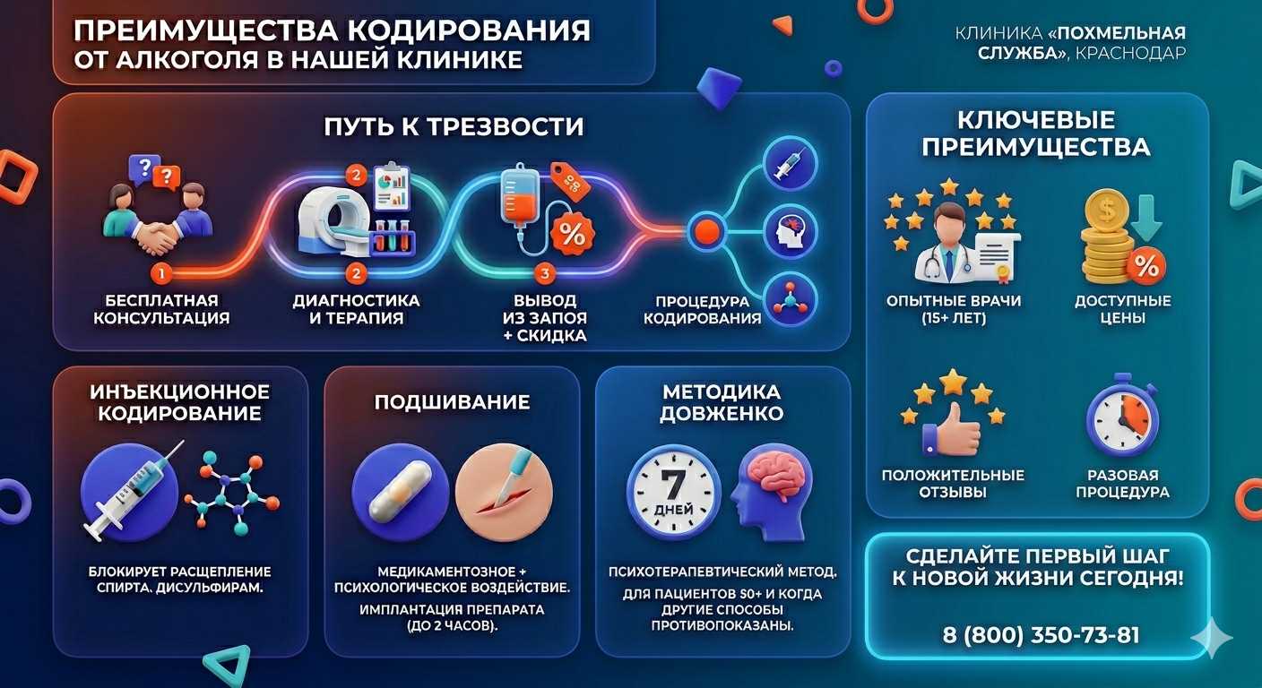 Инфографика о методах кодирования от алкоголя в Аскино: инъекции, подшивание, метод Довженко. Преимущества клиники и этапы лечения.